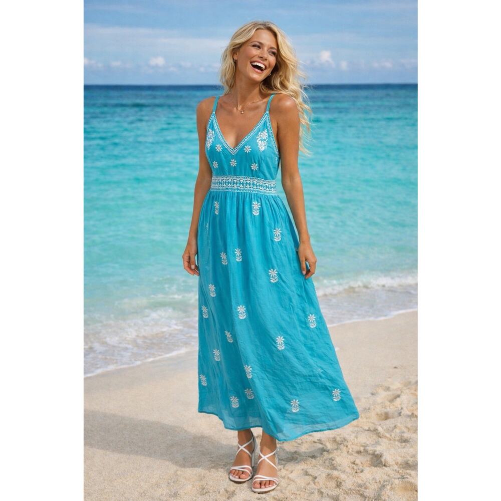 Gretchen Scott Fiesta Time Blue Hand Embroidered Midi Dress Pockets Sz M